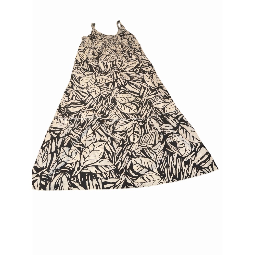 Black & White Tropical Leaf 100% Cotton Lined  Maxi Dress 12 Boho Resort Beach - Picture 2 of 9